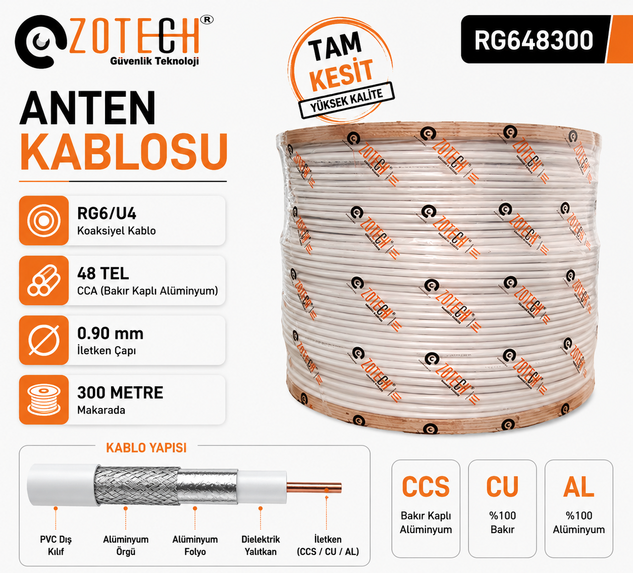 Zotech RG648300 48 TEL Uydu Anten Kablosu RG6/U4 0.90 300Metre (CCS/CU/AL)