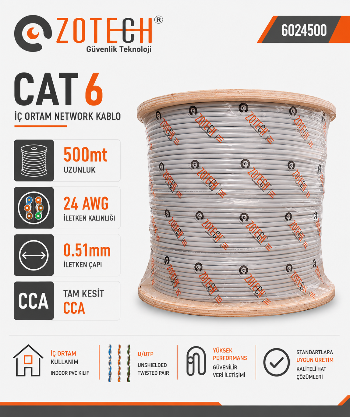 Zotech Zolink 6024500 24Awg Cat6 Network Kablo 0,51mm U-UTP Kasnak(500Mt)