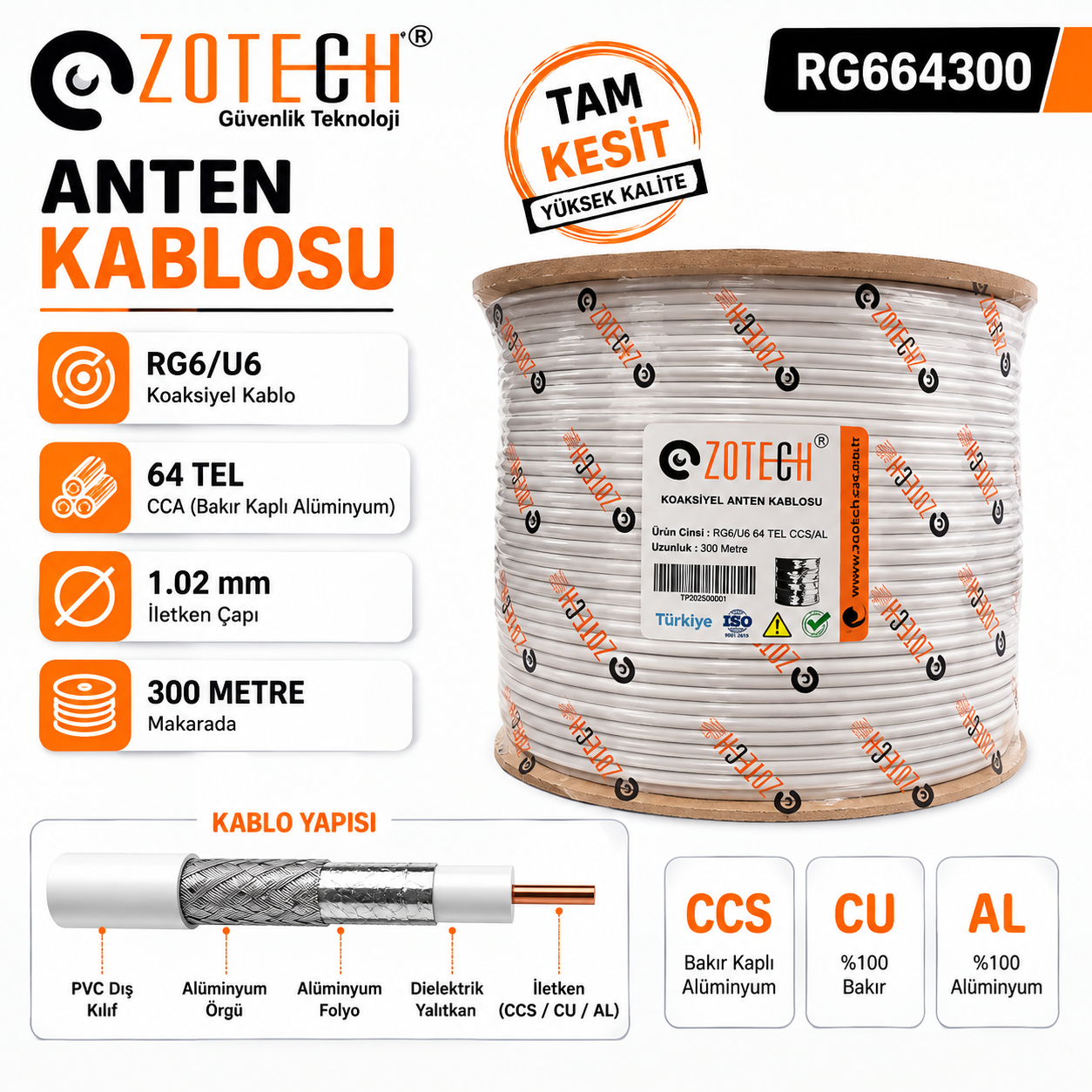 Zotech RG664300 64 TEL Uydu Anten Kablosu RG6/U6 1.02 300Metre (CCS/CU/AL)