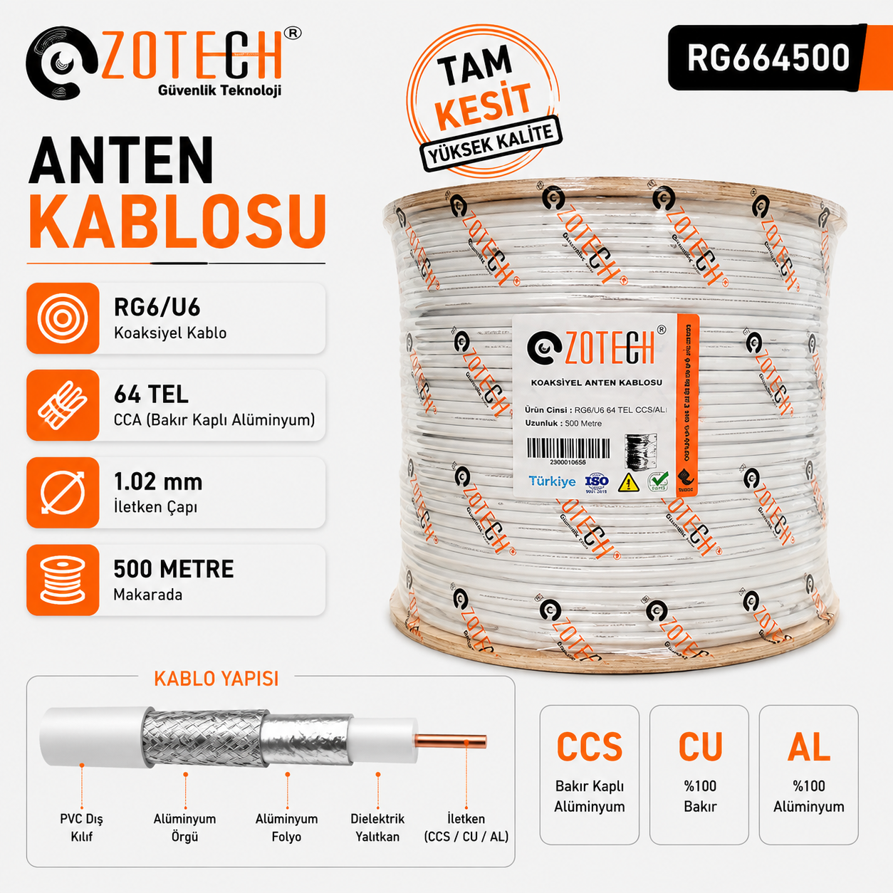 Zotech RG664500 64 TEL Uydu Anten Kablosu RG6/U6 1.02 500Metre (CCS/CU/AL)