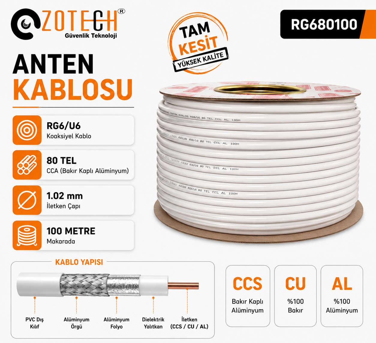 Zotech RG680100 80 TEL Uydu Anten Kablosu RG6/U6 1.02 100Metre (CCS/CU/AL)