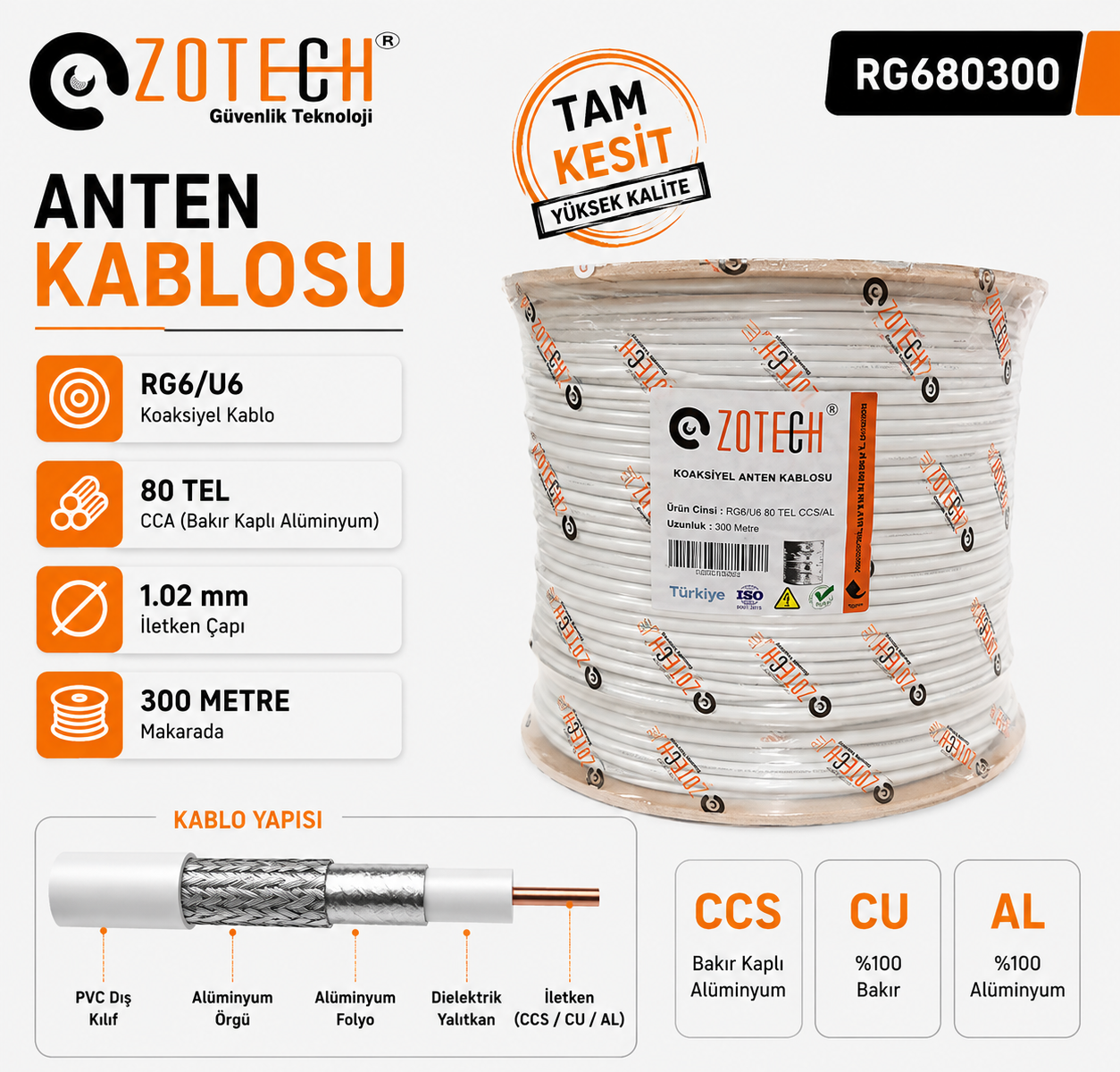 Zotech RG680300 80 TEL Uydu Anten Kablosu RG6/U6 1.02 300Metre (CCS/CU/AL)