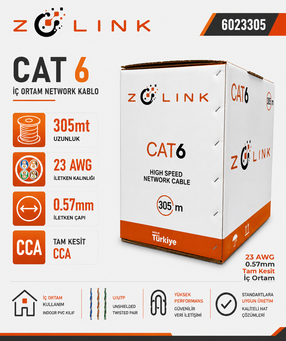Zotech Zolink 6023305 23Awg Cat6 Network Kablo 0,57mm U-UTP Kutu(305Mt)