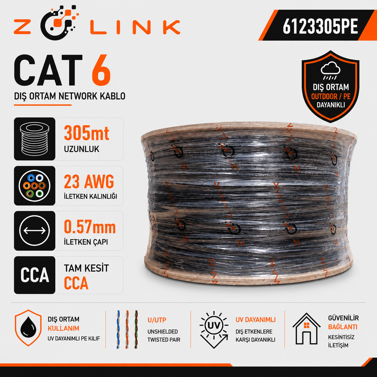 Zotech Zolink 6123305 23Awg (PE)Siyah Dış Ortam Cat6 Kablo 0,57mm U-UTP Kasnak(305Mt)