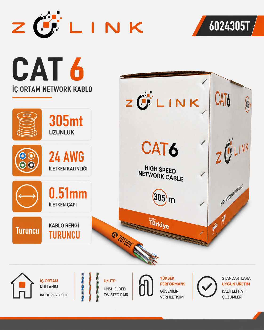 Zotech Zolink 6024305T 24Awg Cat6 Turuncu Network Kablo 0,51mm U-UTP Kutu(305Mt)