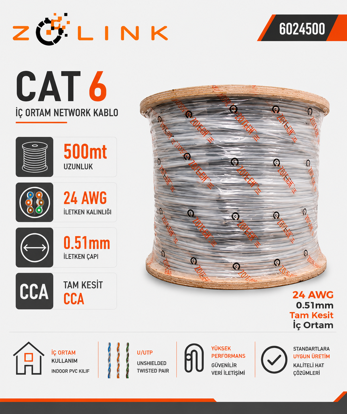 Zotech Zolink 6023500 23Awg Cat6 Network Kablo 0,57mm U-UTP Kasnak(500Mt)