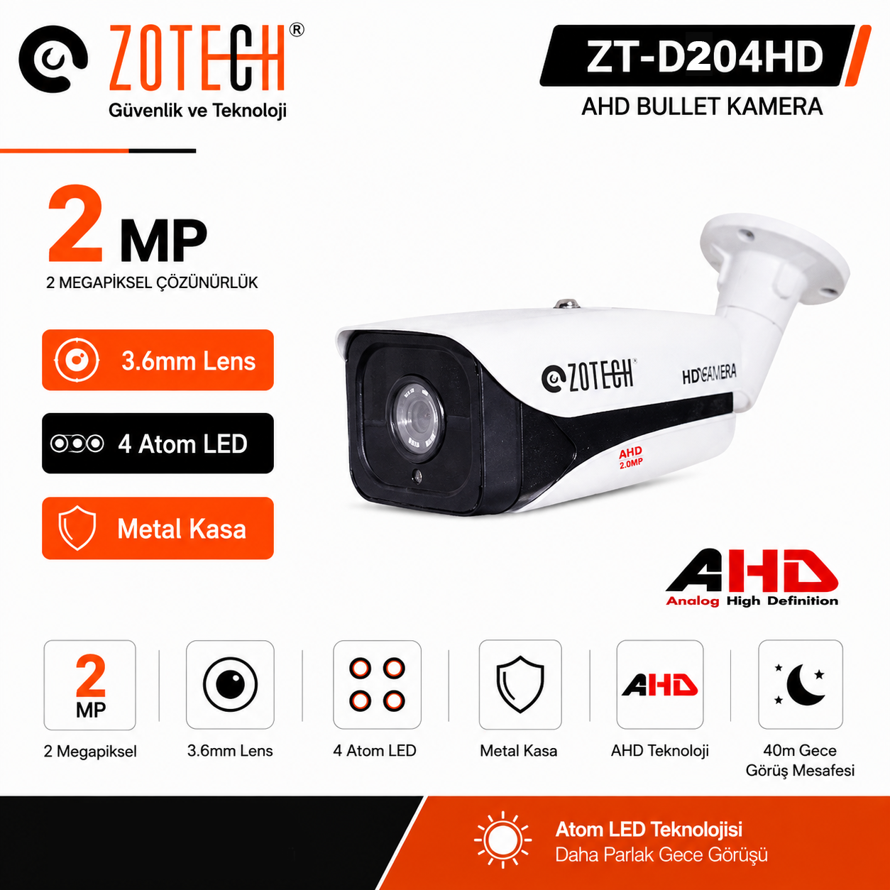 Zotech ZT-D204HD 2MP 4 King Led 3.6mm Ahd Kamera(80mt)(S)