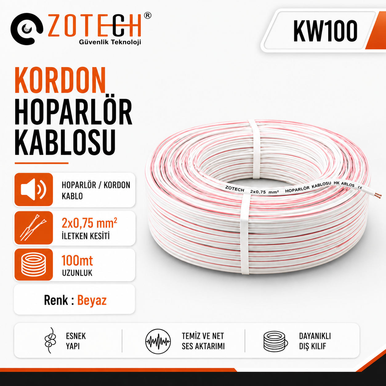 Zotech KW100 2X0,75 Hoparlör Kordon Kablo 100 Metre (Beyaz)