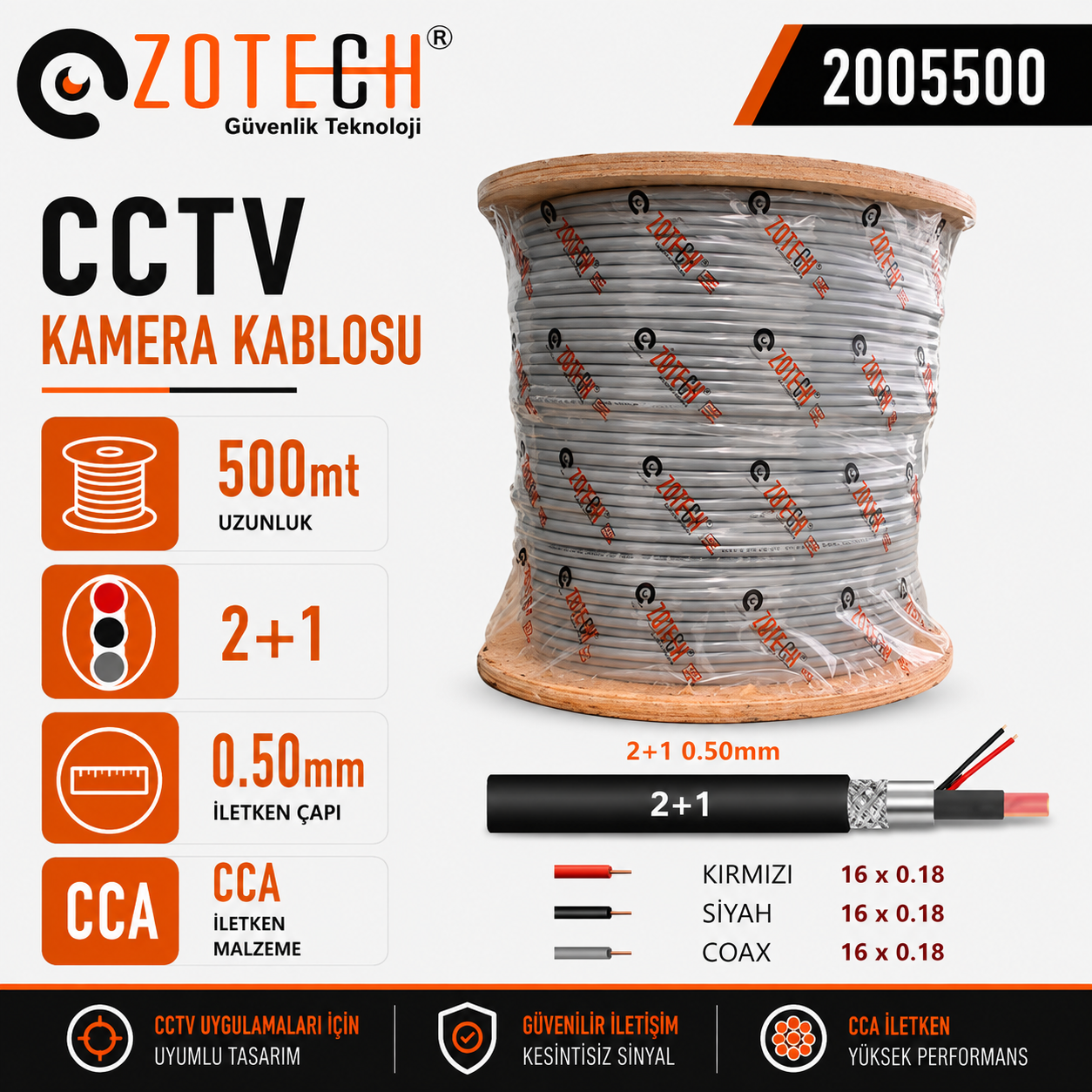Zotech 2005500 2+1 0,50mm CCA CCTV Kablo 500Metre Kasnak(16x0,18)