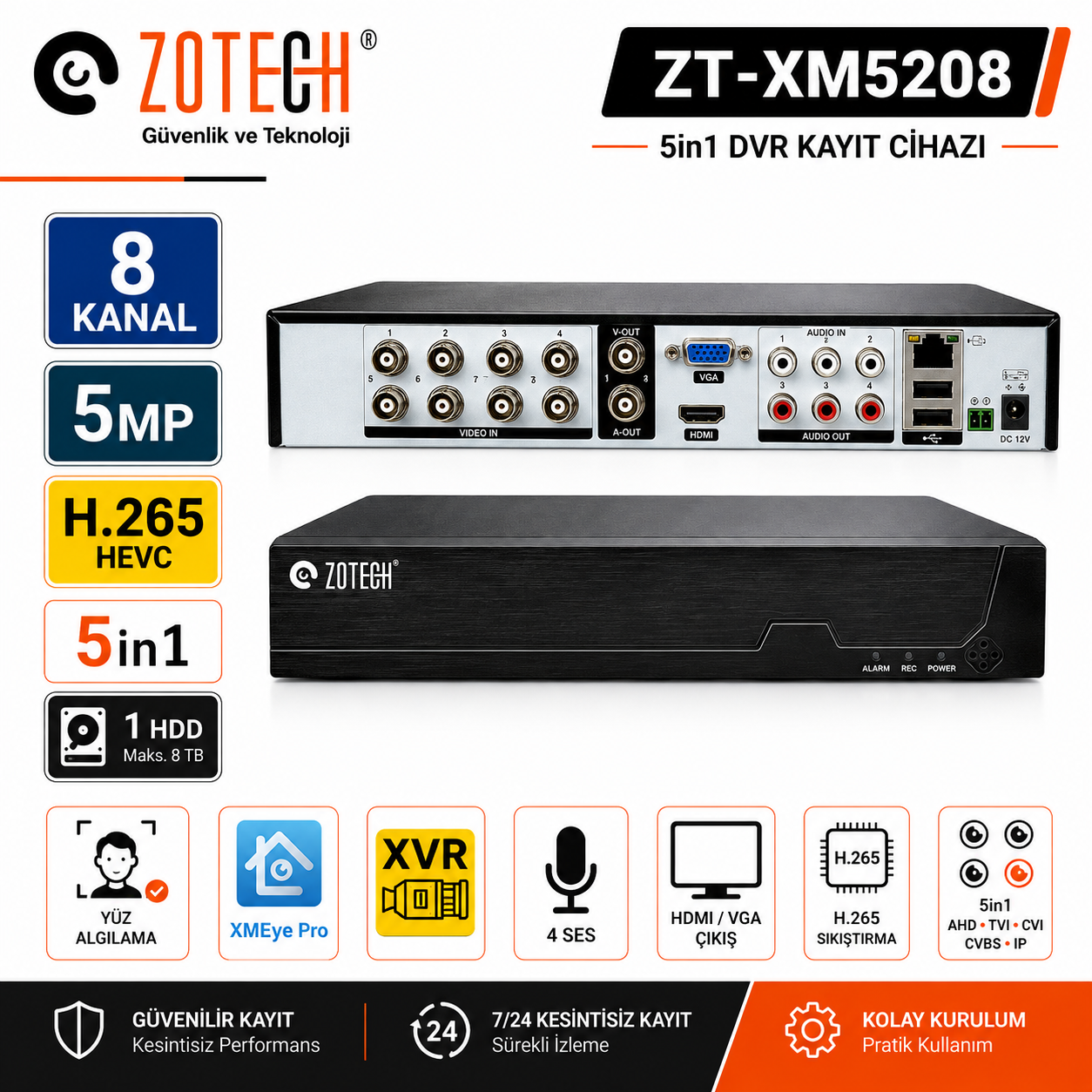 Zotech ZT-XM5208 8Kanal 4Ses H265 5MP 5in1 Dvr Kayıt Cihazı Xmeye Pro
