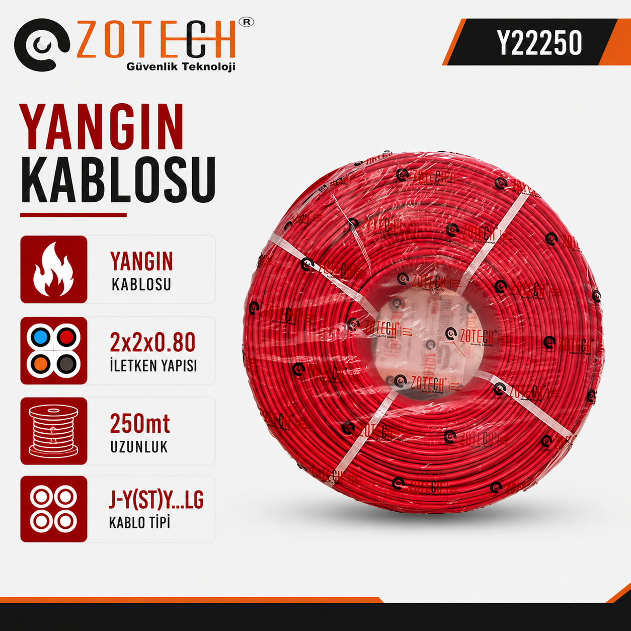 Zotech Y22250 2X2 Yangın Kablosu 2x2x0,80+1x0.80 Kırmızı 250Metre