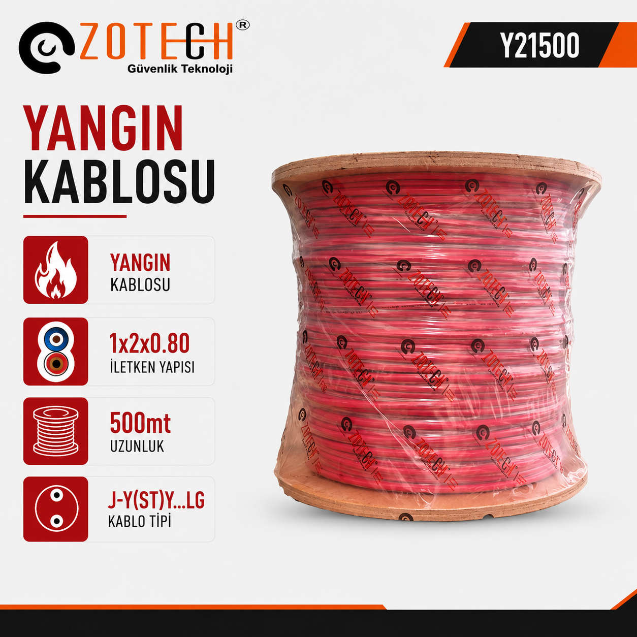 Zotech Y21500 2X1 Yangın Kablosu 1x2x0,80+1x0.80 Kırmızı 500Metre