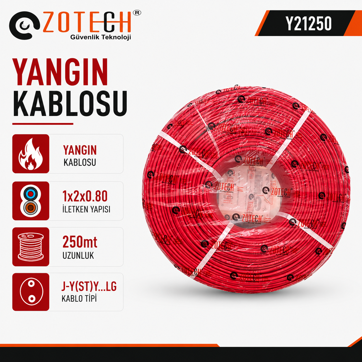 Zotech Y21250 2X1 Yangın Kablosu 1x2x0,80+1x0.80 Kırmızı 250Metre