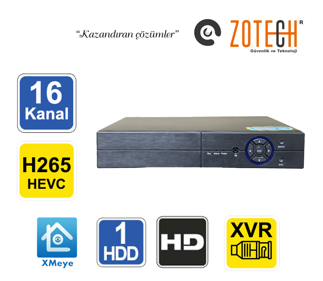 Zotech ZT-XM216N 16Kanal 1CH Ses Video Out H265 Xmeye XVR Kayıt Cihazı(S)