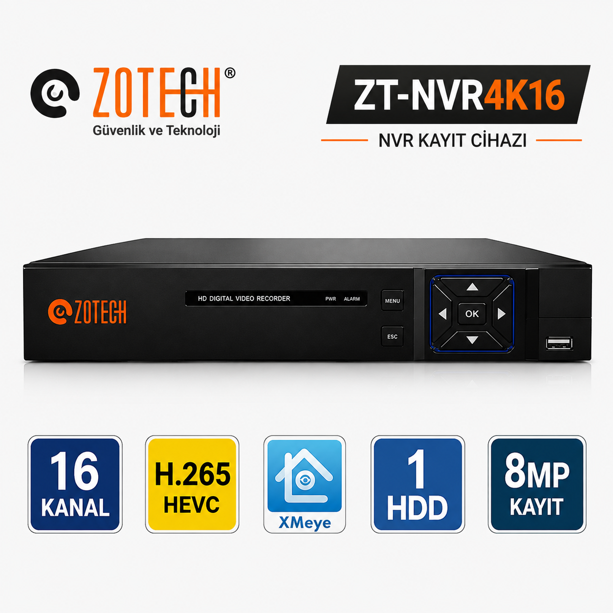 Zotech ZT-NVR4K16 16Kanal H265+ Nvr 8MP Kayıt Cihazı Xmeye(Y)