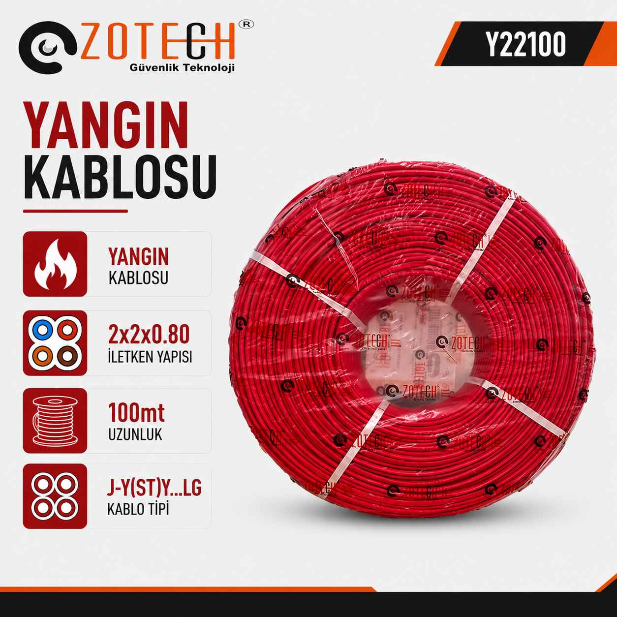 Zotech Y22100 2X2 Yangın Kablosu 2x2x0,80+1x0.80 Kırmızı 100Metre