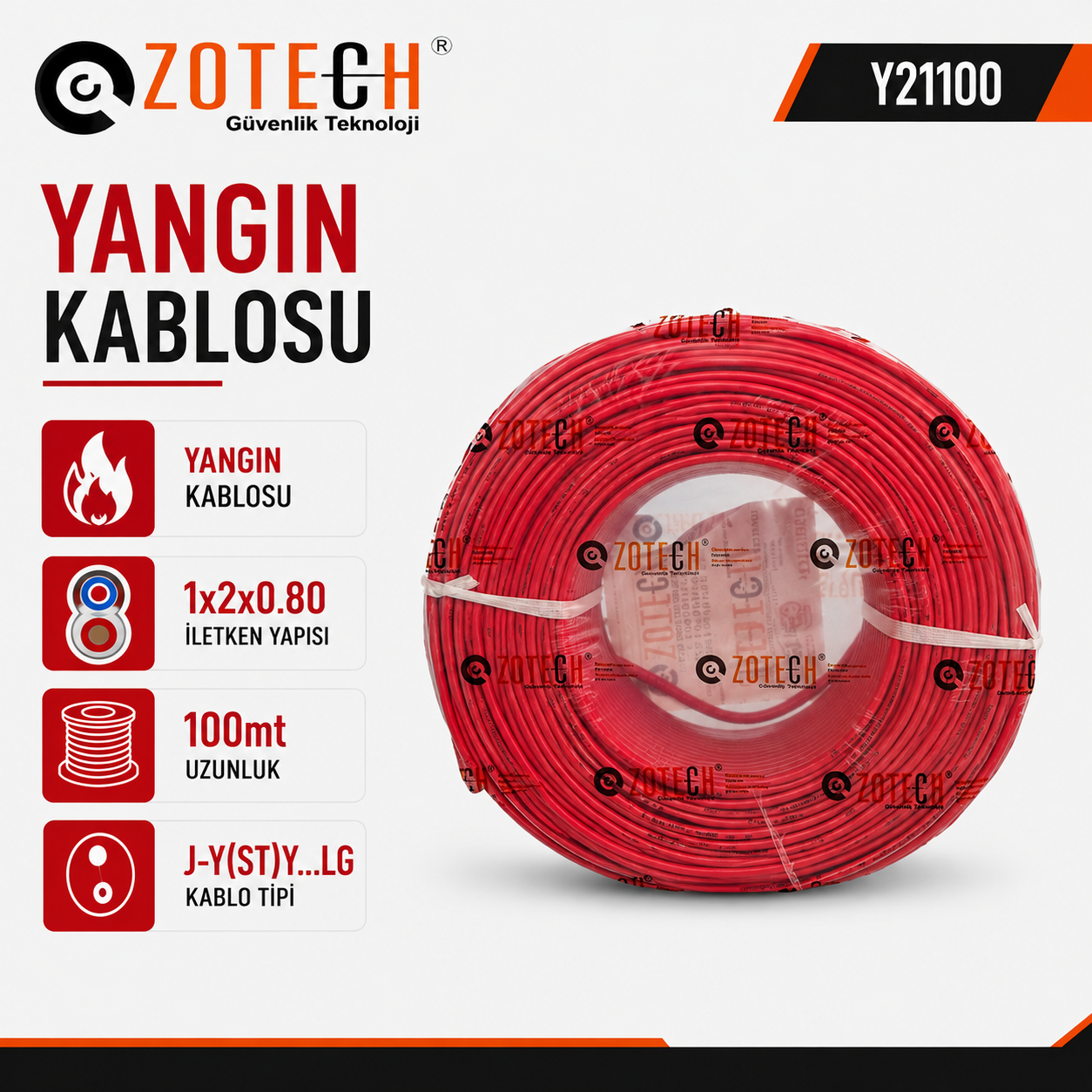 Zotech Y21100 2X1 Yangın Kablosu 1x2x0,80+1x0.80 Kırmızı 100Metre