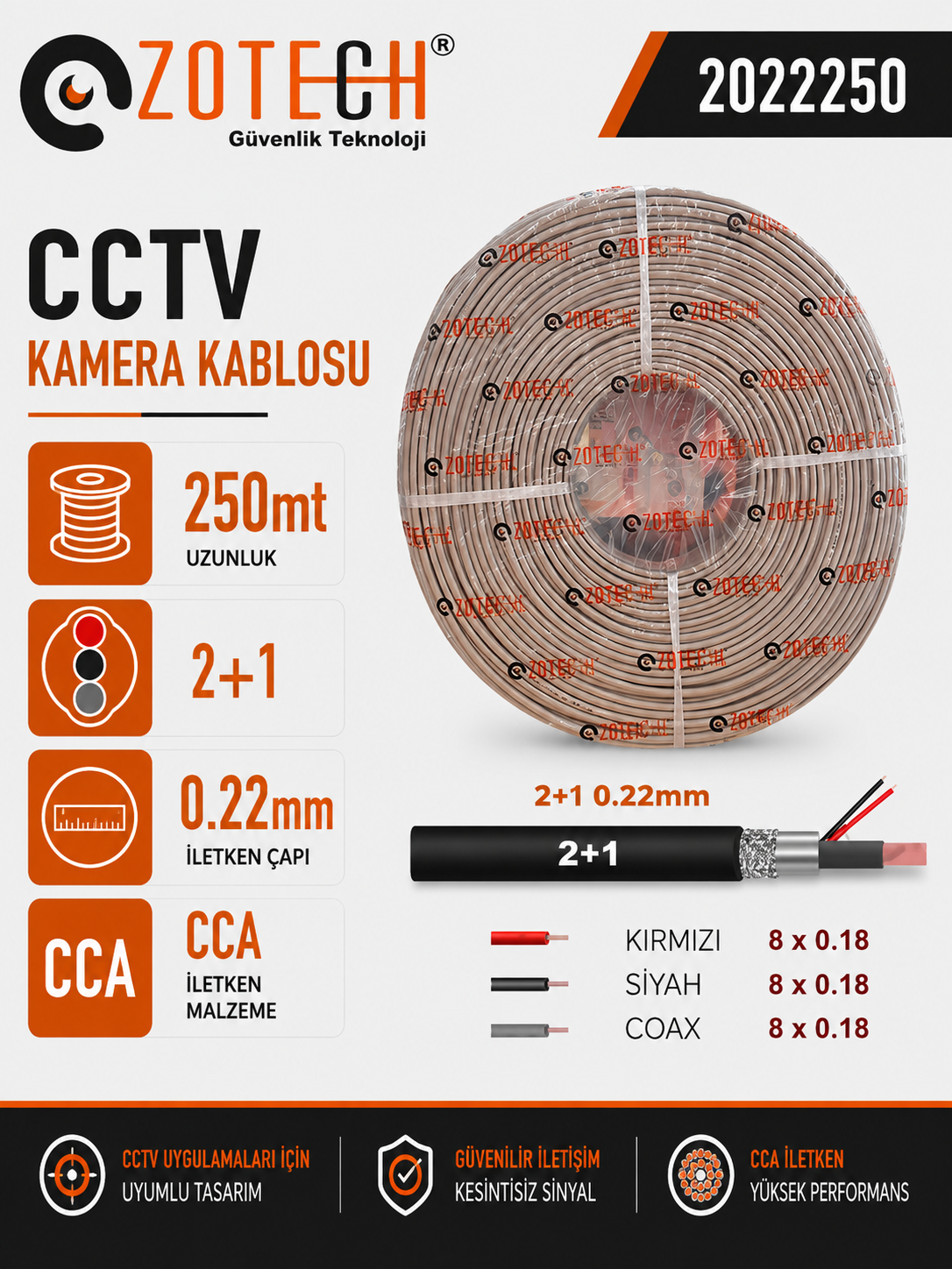 Zotech 2022250 2+1 0,22mm CCA CCTV Kablo 250Metre (8x0.18)