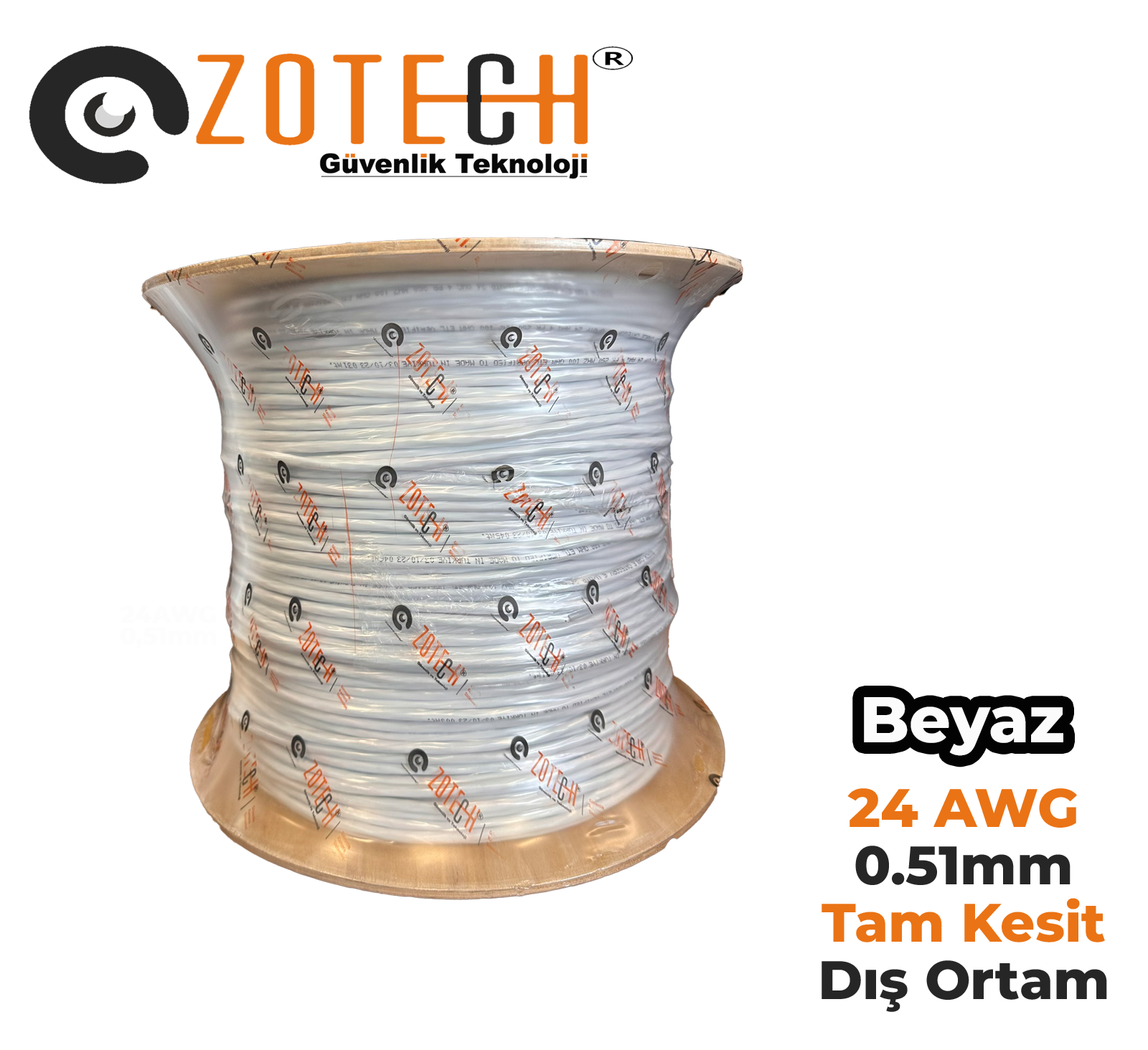 Zotech Zolink 6124500 24Awg (PE)Beyaz Dış Ortam Cat6 Kablo 0,51mm U-UTP Kasnak(500Mt)