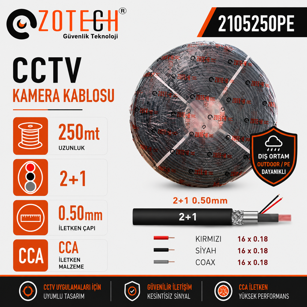 Zotech 2105250 2+1 (PE) Dış Ortam CCA CCTV Kablo 0,50mm 250Metre (16x0,18)