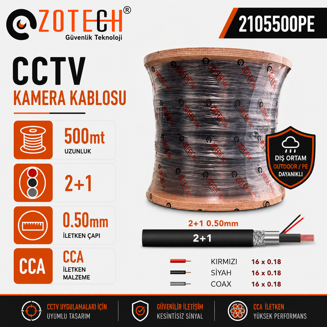 Zotech 2105500 2+1 (PE) Dış Ortam CCA CCTV Kablo 0,50mm 500Metre Kasnak(16x0,18)
