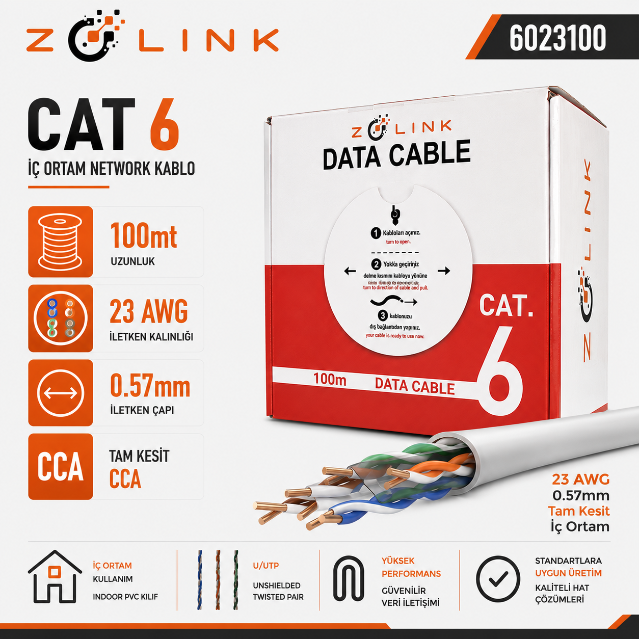 Zotech Zolink 6023100 23Awg Cat6 Network Kablo 0,57mm U-UTP Kutu(100Mt)