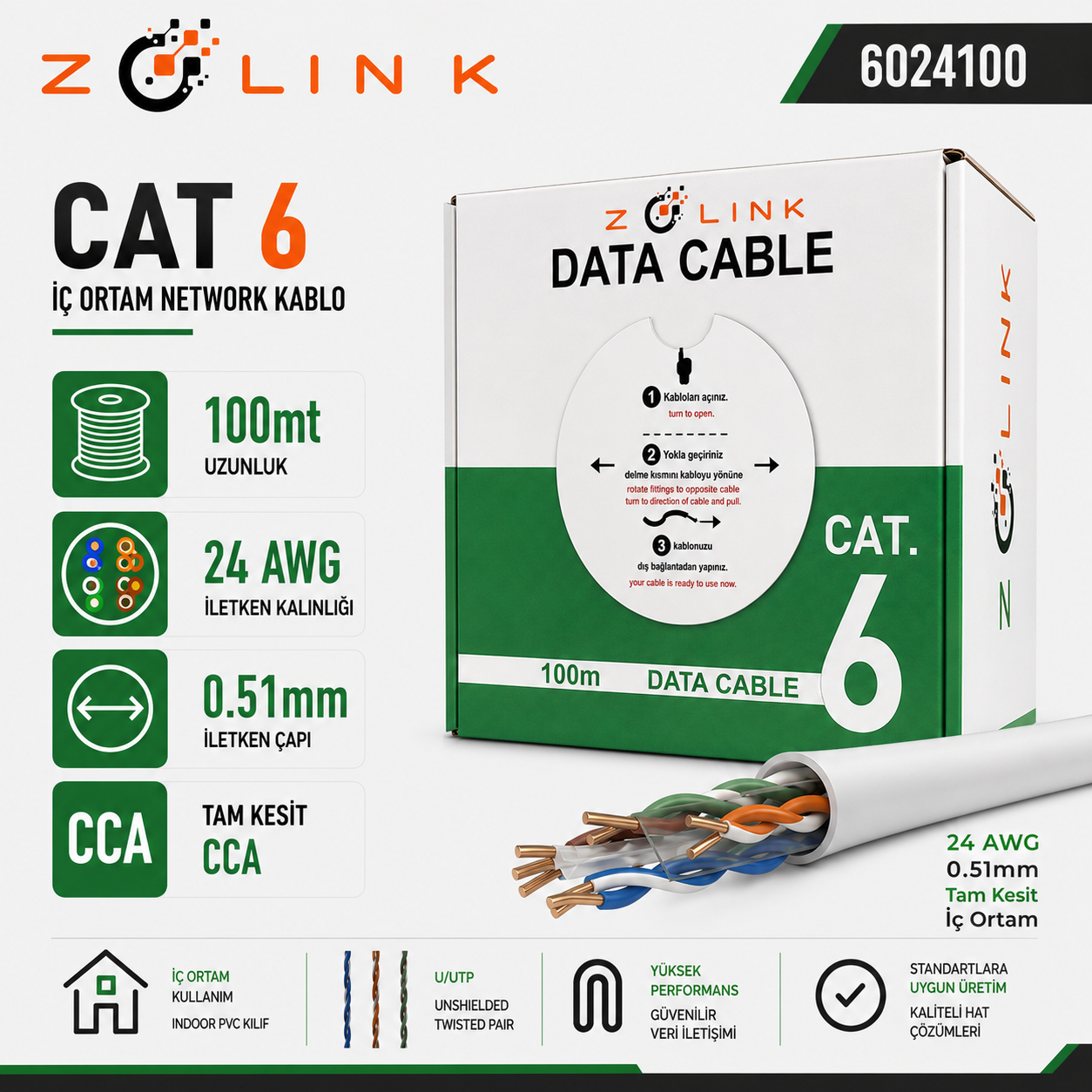 Zotech Zolink 6024100 24Awg Cat6 Network Kablo 0,51mm U-UTP Kutu(100Mt)