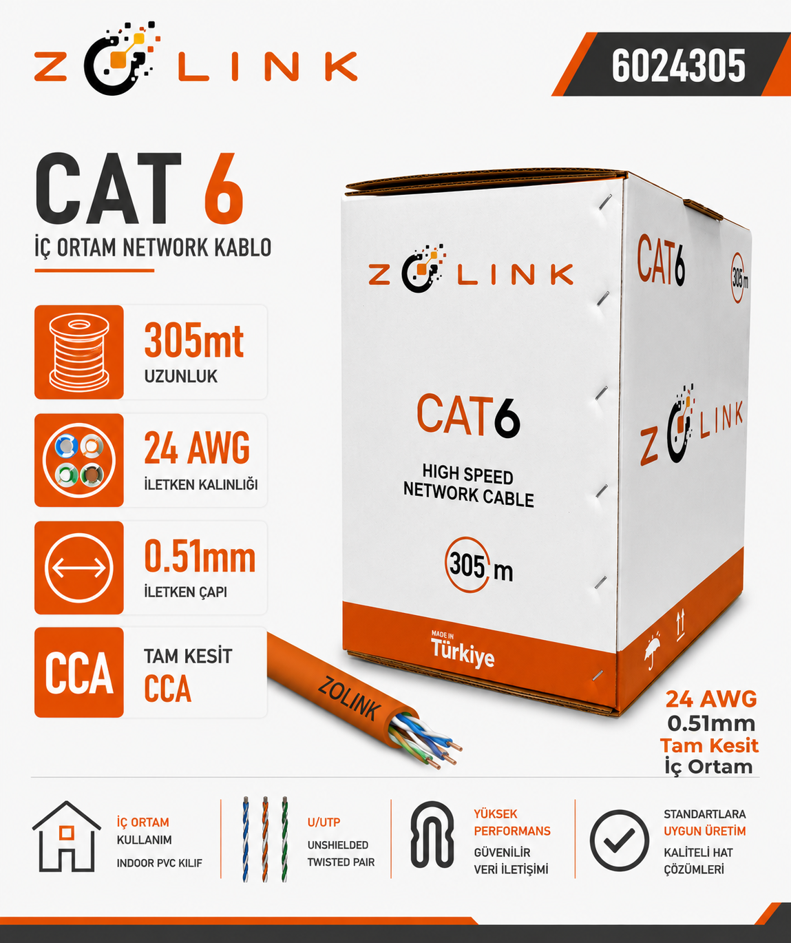 Zotech Zolink 6024305 24Awg Cat6 Network Kablo 0,51mm U-UTP Kutu(305Mt)