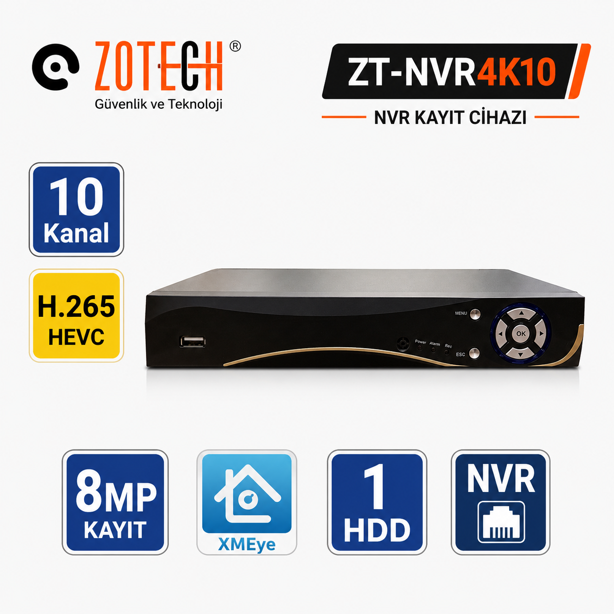 Zotech ZT-NVR4K10 10Kanal H265+ Nvr 8MP Kayıt Cihazı Xmeye(Y)