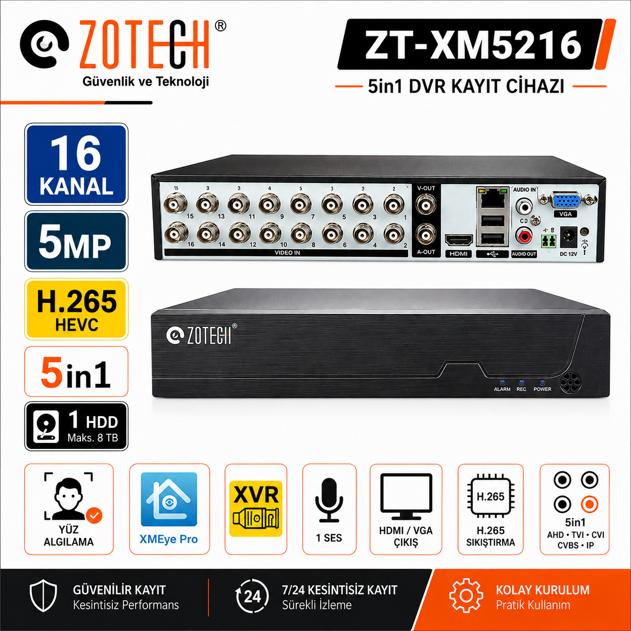 Zotech ZT-XM5216 16Kanal 1Ses H265 5MP 5in1 Dvr Kayıt Cihazı Xmeye Pro