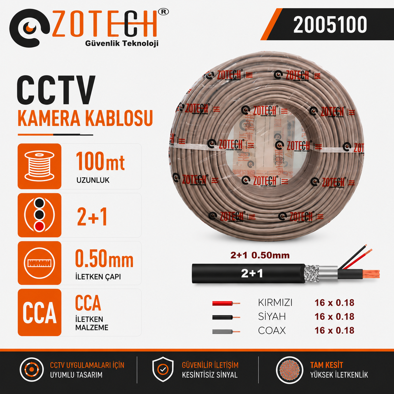 Zotech 2005100 2+1 0,50mm CCA CCTV Kablo 100Metre (16x0,18)