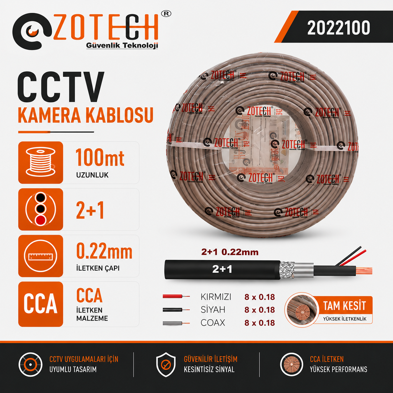 Zotech 2022100 2+1 0,22mm CCA CCTV Kablo 100Metre (8x0.18)
