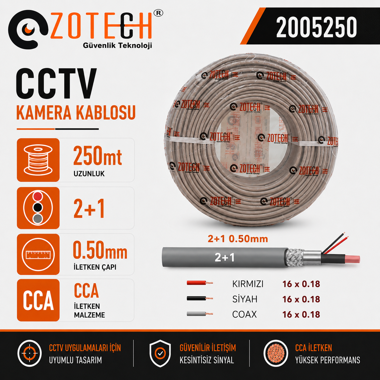 Zotech 2005250 2+1 0,50mm CCA CCTV Kablo 250Metre (16x0,18)