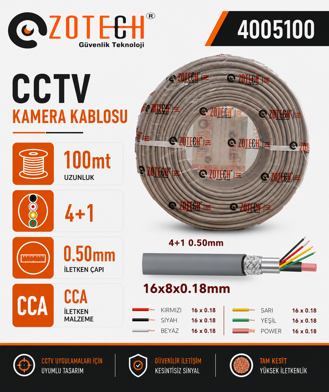 Zotech 4005100 4+1 0,50mm CCA CCTV Kablo 100Metre