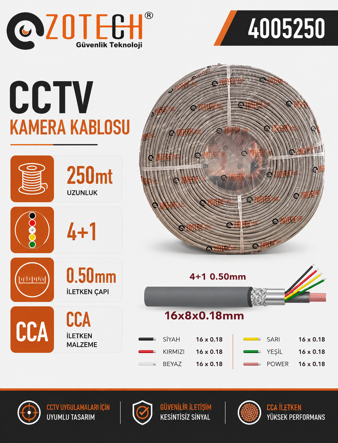 Zotech 4005250 4+1 0,50mm CCA CCTV Kablo 250Metre