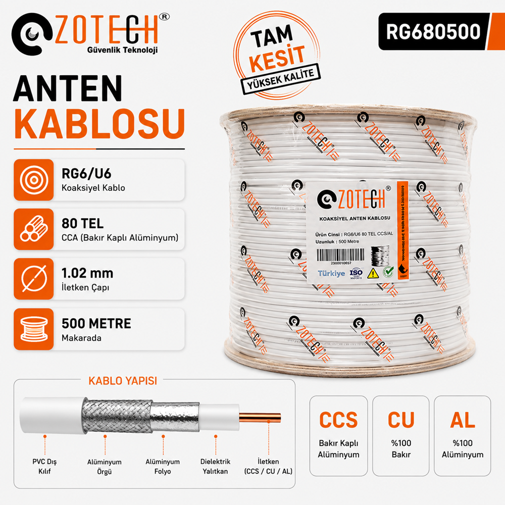 Zotech RG648500 48 TEL Uydu Anten Kablosu RG6/U4 0.90 500Metre (CCS/CU/AL)