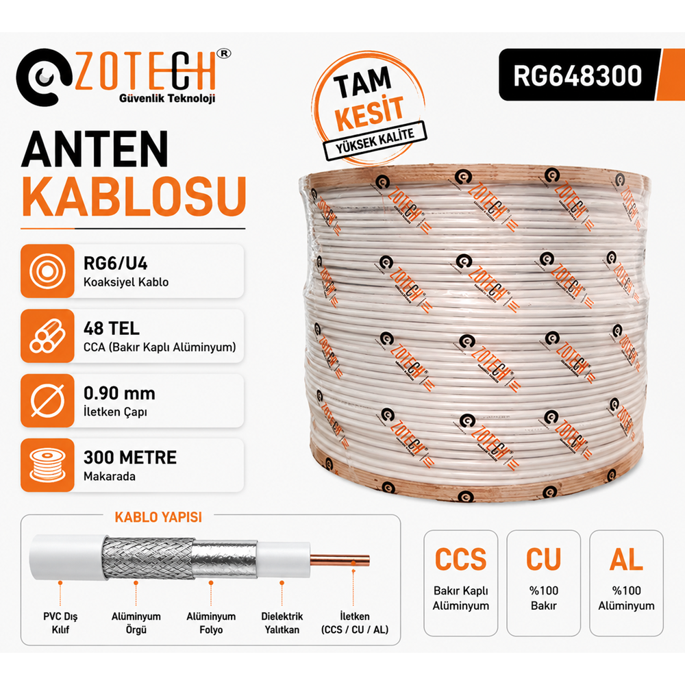 Zotech RG648300 48 TEL Uydu Anten Kablosu RG6/U4 0.90 300Metre (CCS/CU/AL)