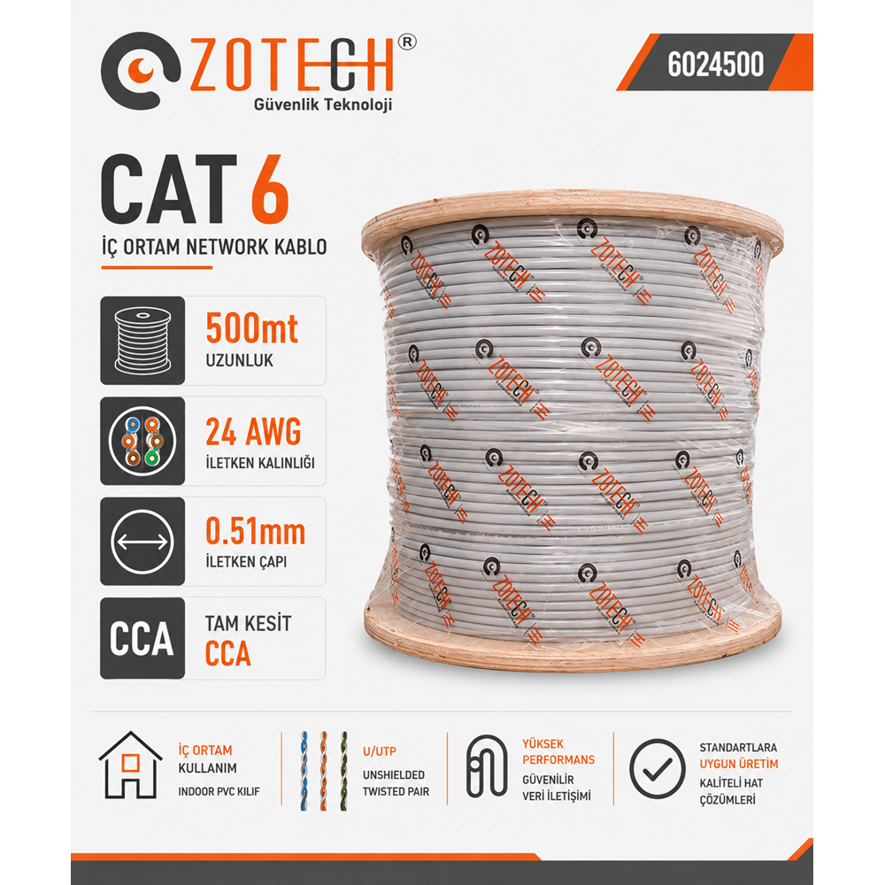 Zotech Zolink 6024500 24Awg Cat6 Network Kablo 0,51mm U-UTP Kasnak(500Mt)