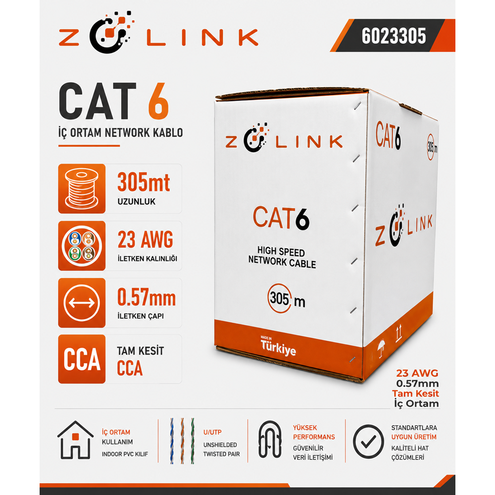 Zotech Zolink 6023305 23Awg Cat6 Network Kablo 0,57mm U-UTP Kutu(305Mt)