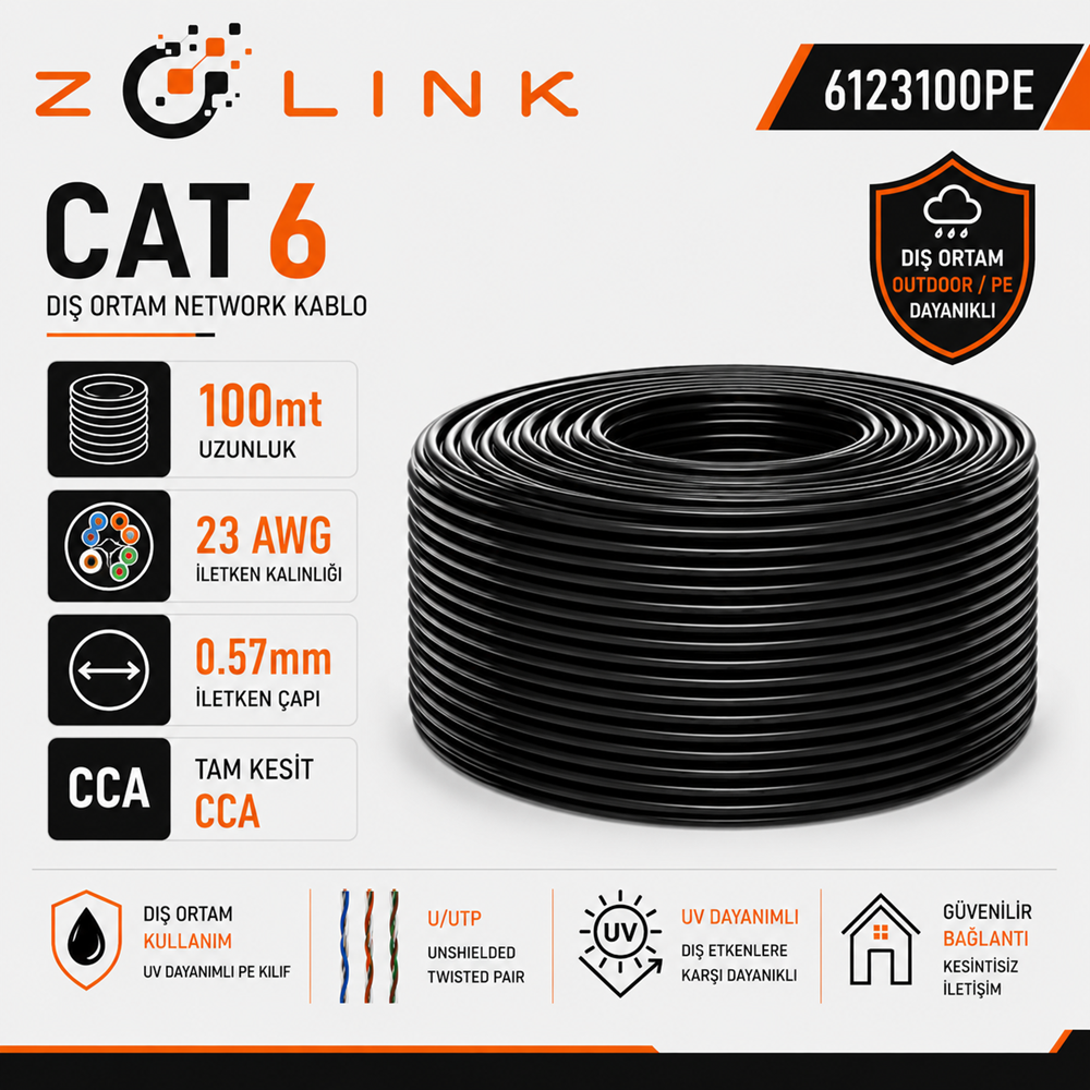 Zotech Zolink 6123100PE 23Awg (PE)Siyah Dış Ortam Cat6 Kablo 0,57mm U-UTP (100Mt)