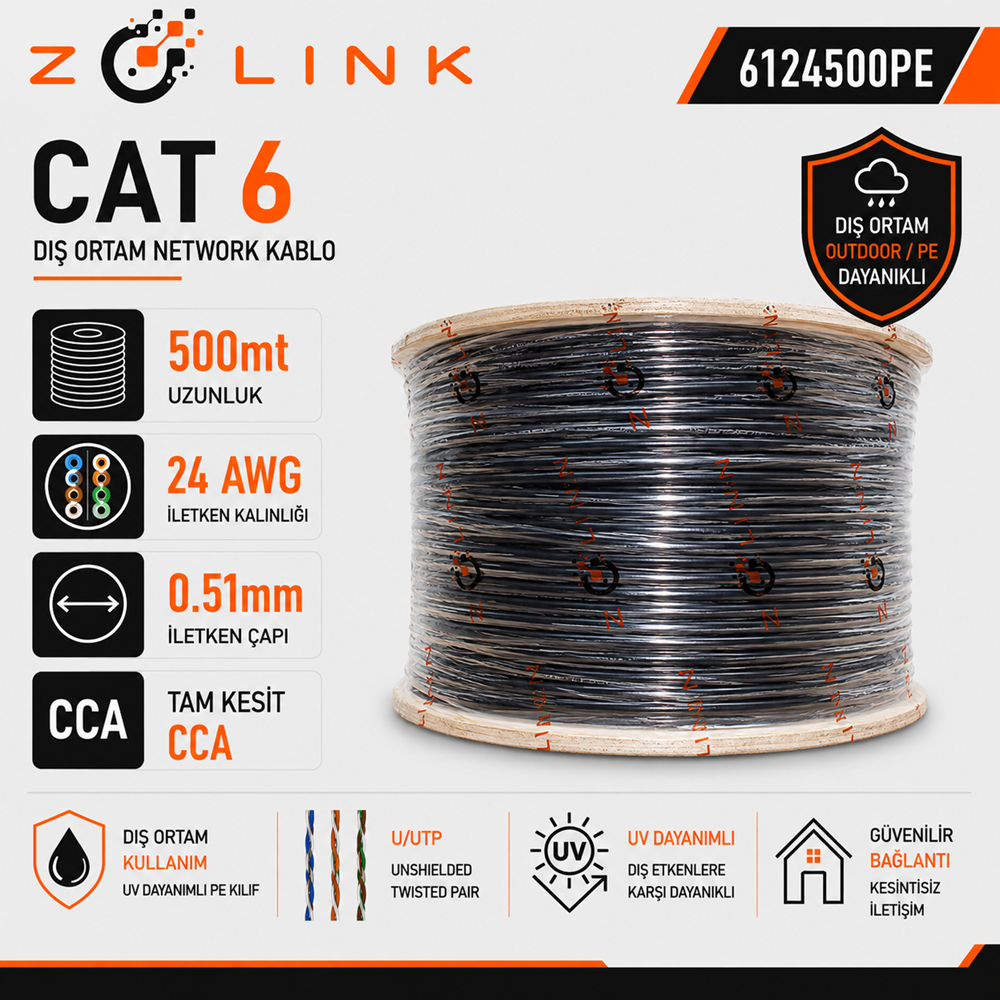 Zotech Zolink 6124500PE 24Awg (PE)Siyah Dış Ortam Cat6 Kablo 0,51mm U-UTP Kasnak(500Mt)