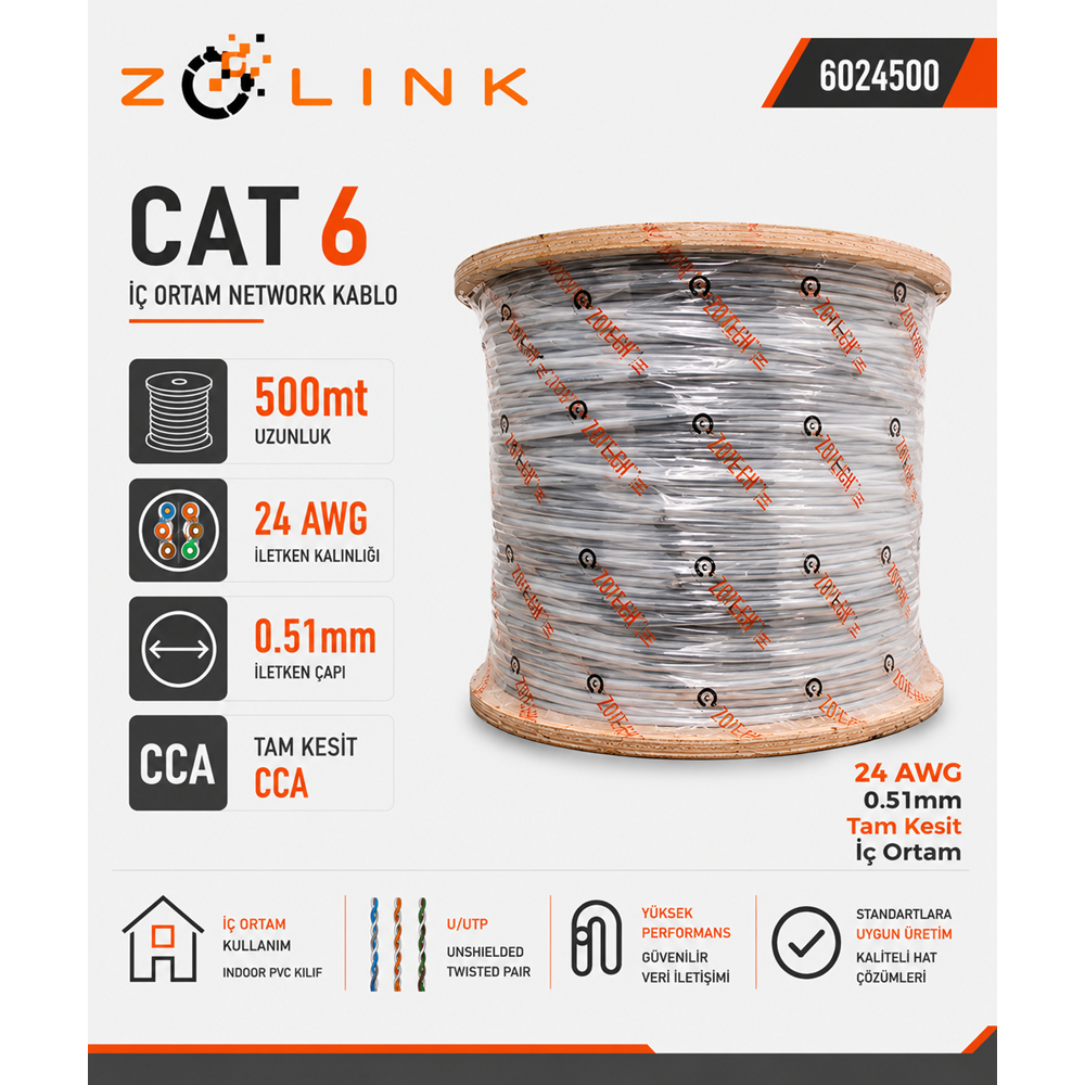 Zotech Zolink 6023500 23Awg Cat6 Network Kablo 0,57mm U-UTP Kasnak(500Mt)