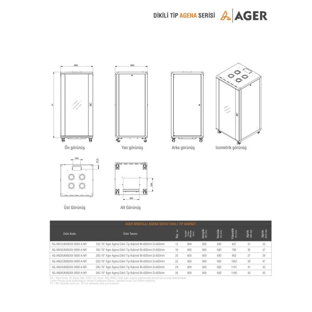 Ager 26U AGR26U6060 600X600 Ager Montajlı Agena Serisi Dikili Tip Kabinet (Fan/Tekerlek Takımı Dahil)