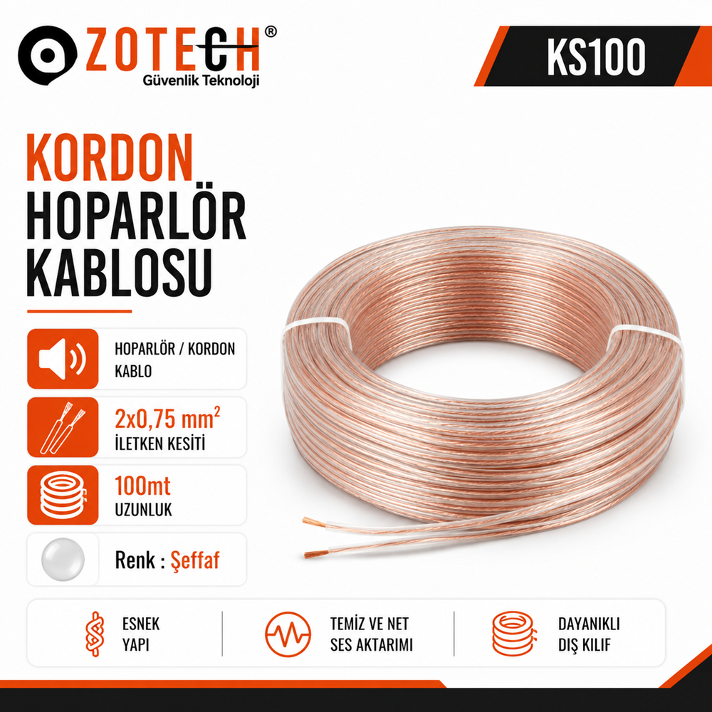 Zotech KS100 2X0,75 Hoparlör Kordon Kablo 100 Metre (Şeffaf)