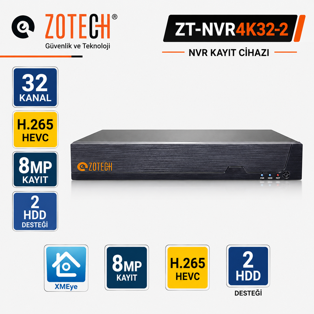 Zotech ZT-NVR4K32-2 32Kanal H265+ Nvr 8MP Kayıt Cihazı 2xHDD Xmeye(Y)