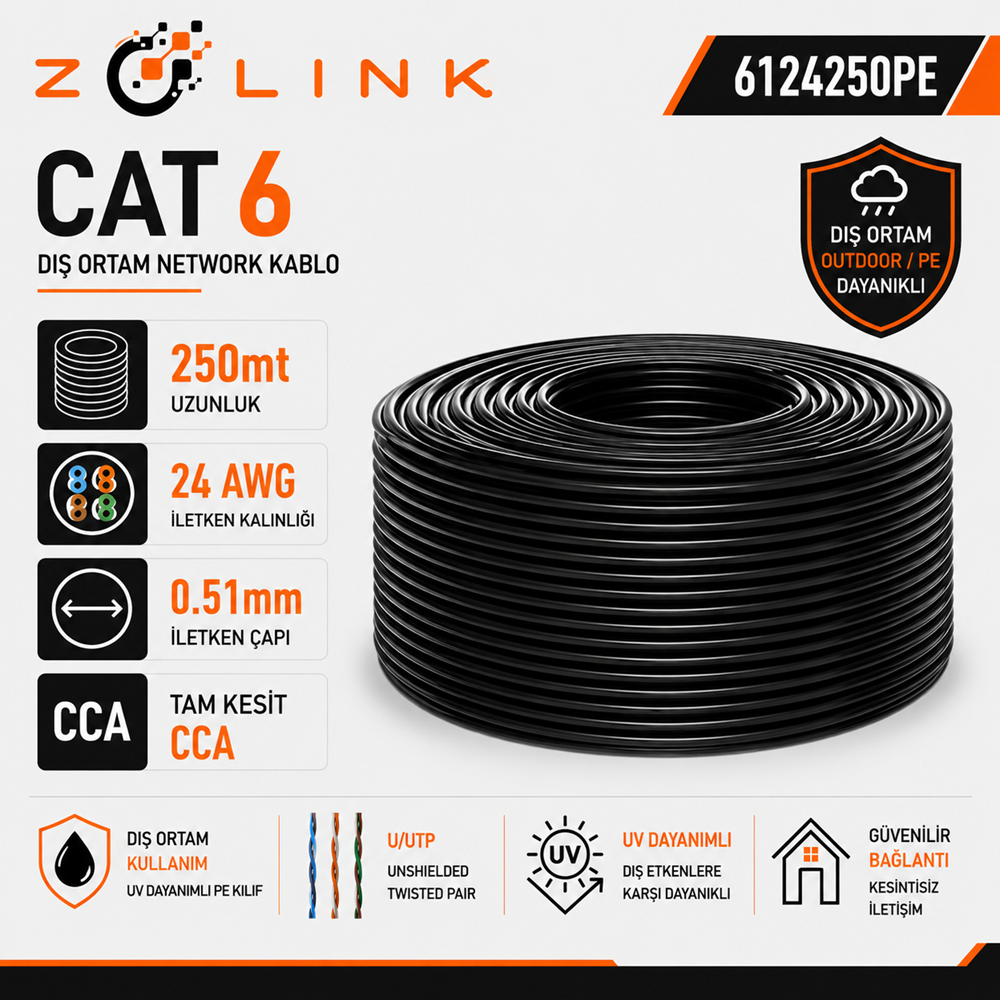 Zotech Zolink 6124250PE 24Awg (PE)Siyah Dış Ortam Cat6 Kablo 0,51mm U-UTP (250Mt)