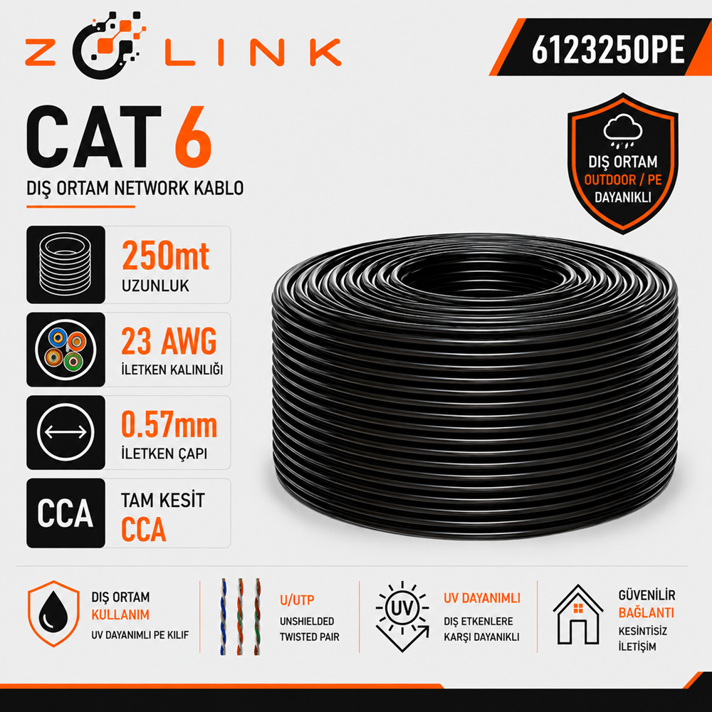 Zotech Zolink 6123250PE 23Awg (PE)Siyah Dış Ortam Cat6 Kablo 0,57mm U-UTP (250Mt)