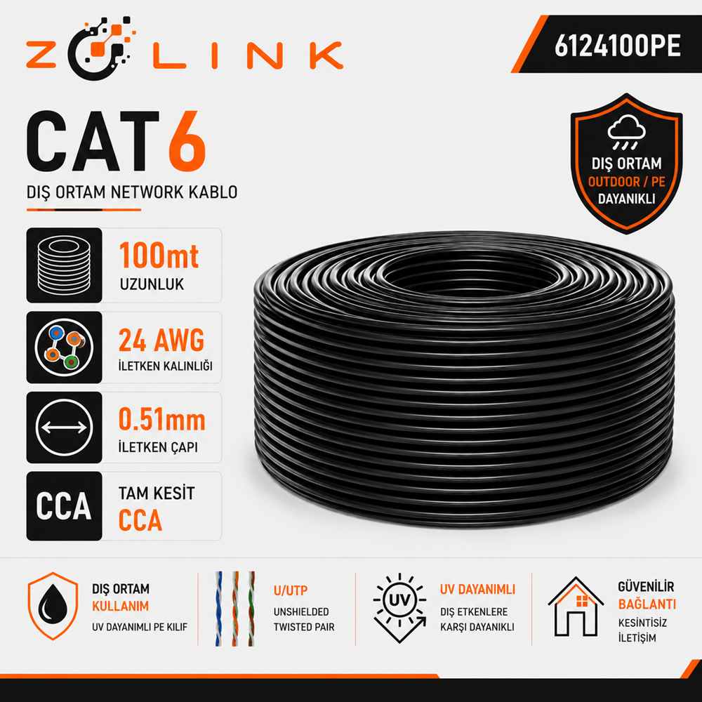Zotech Zolink 6124100PE 24Awg (PE)Siyah Dış Ortam Cat6 Kablo 0,51mm U-UTP(100Mt)