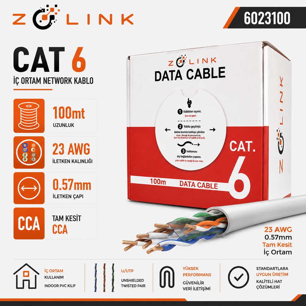 Zotech Zolink 6023100 23Awg Cat6 Network Kablo 0,57mm U-UTP Kutu(100Mt)