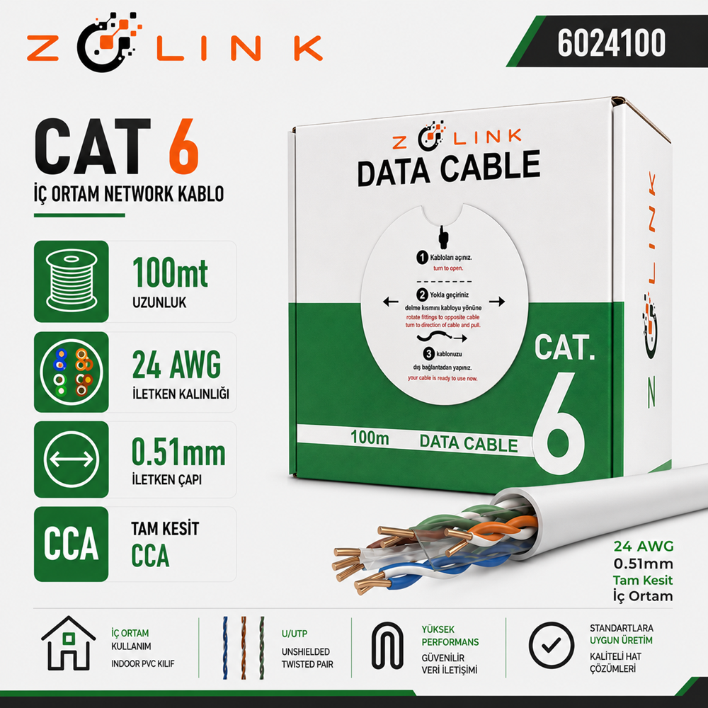 Zotech Zolink 6024100 24Awg Cat6 Network Kablo 0,51mm U-UTP Kutu(100Mt)